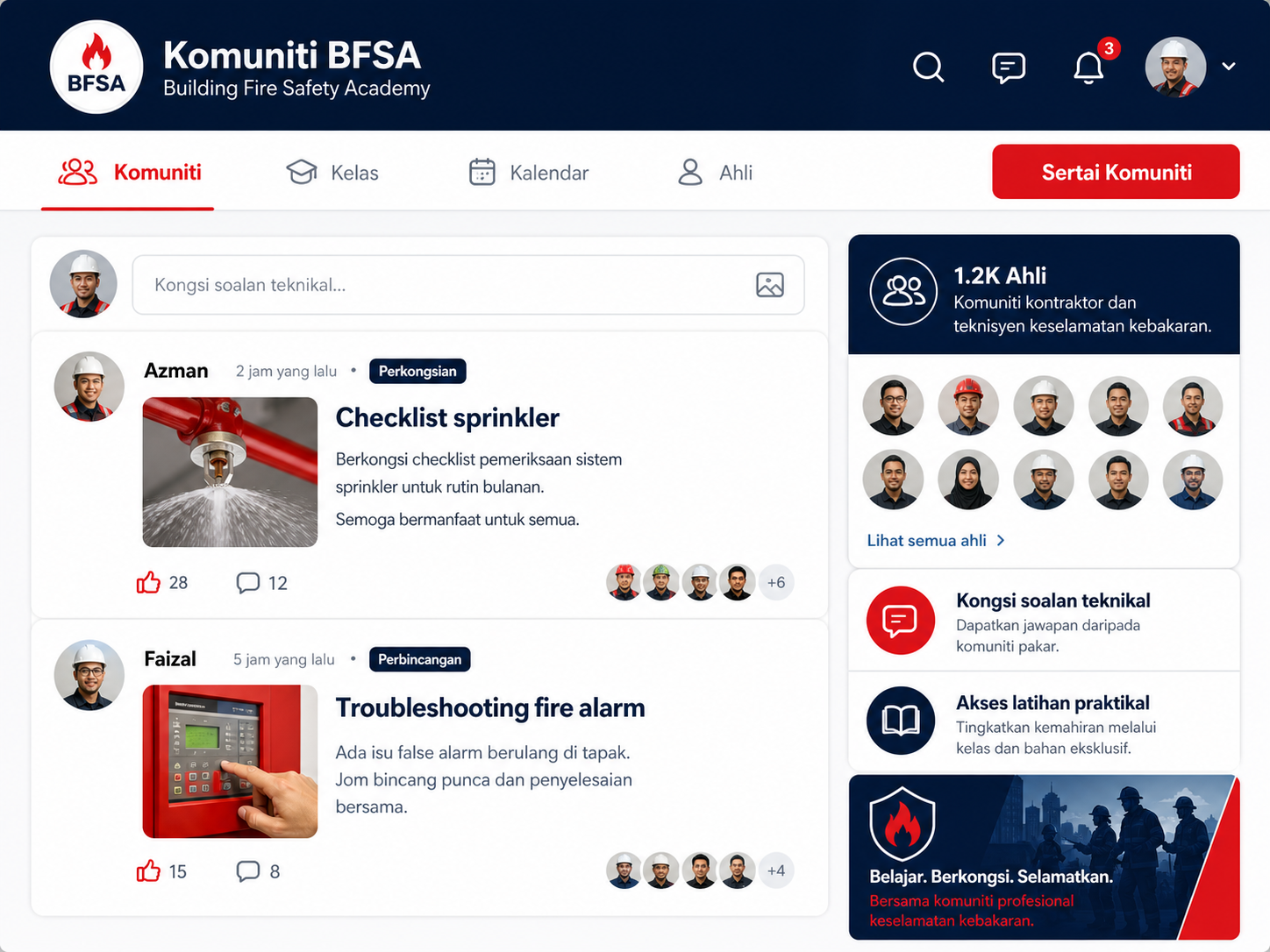 Komuniti teknisyen dan pasukan pengurusan bangunan berbincang selepas kelas.