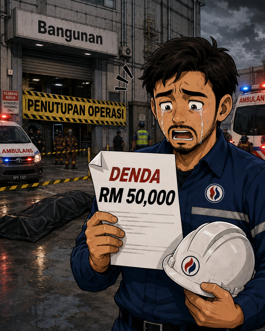 Pengurus fasiliti kelihatan tertekan menerima dokumen risiko saman dan penutupan operasi.