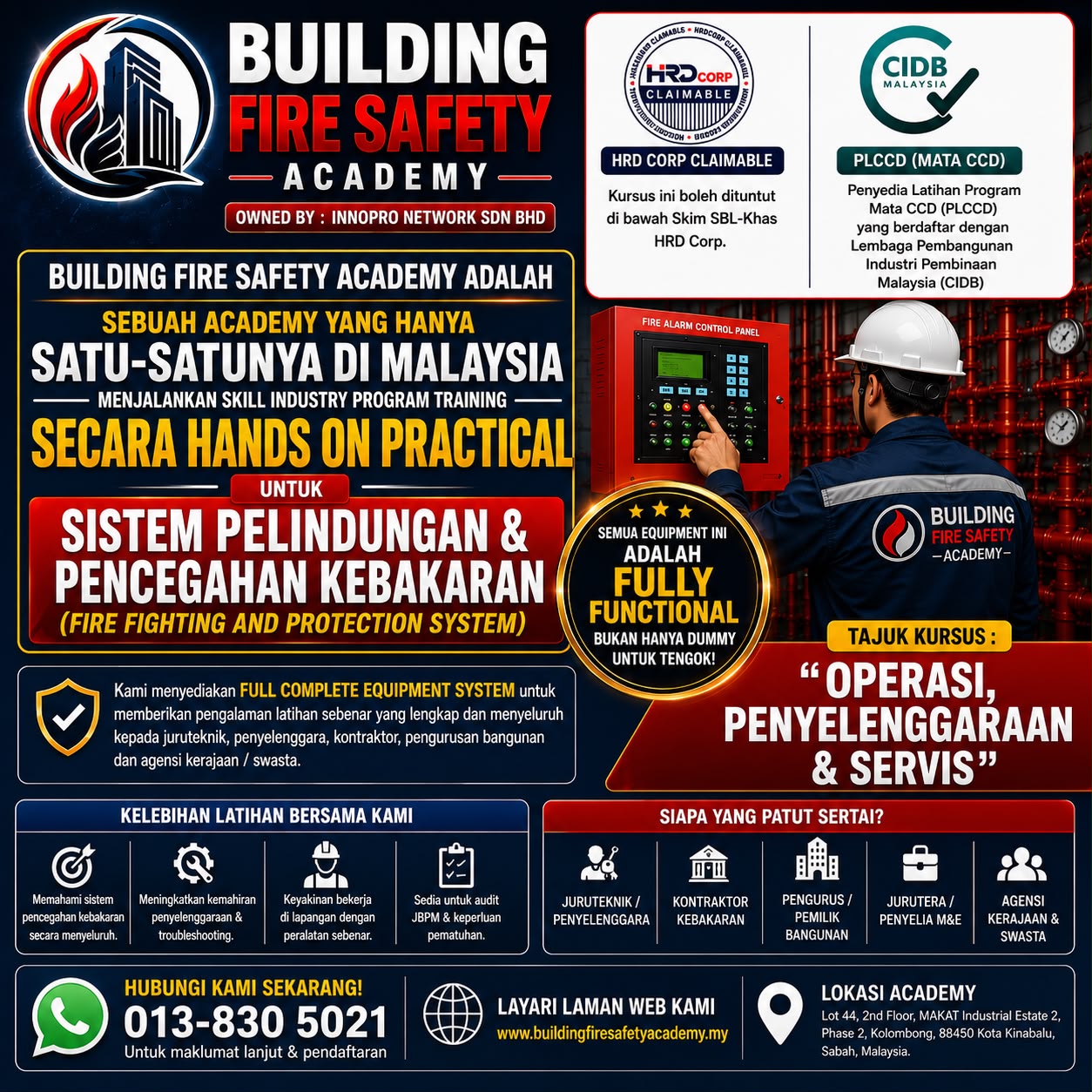 Building Fire Safety Academy course poster with HRD Corp and CIDB information.